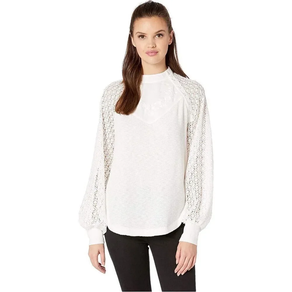 ✨Free People Sweetest Thing Thermal/Lace White Long Sleeve Sz Small Top✨